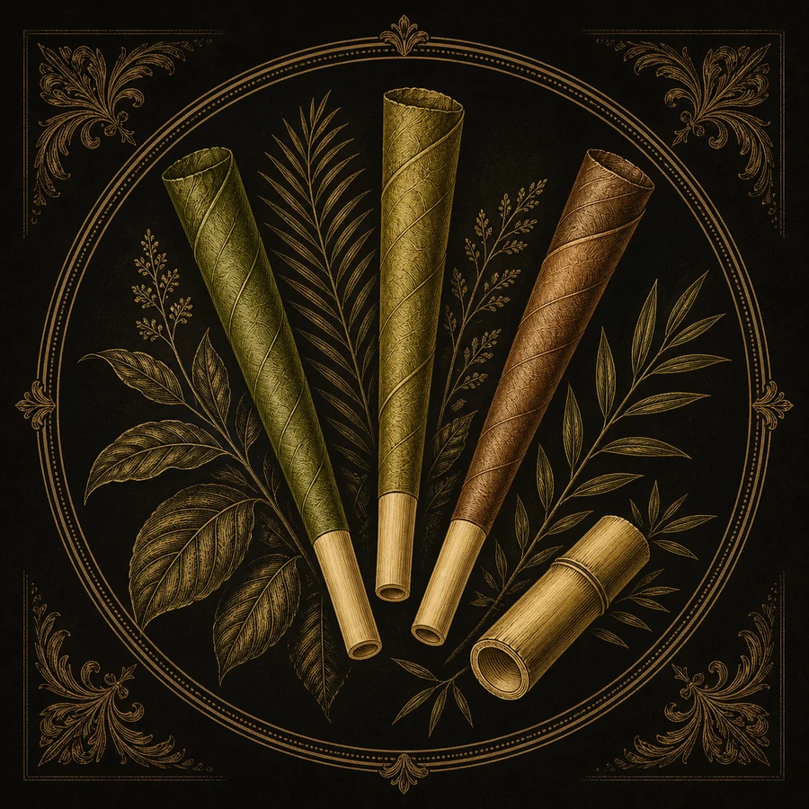 Botanical engraving of three natural leaf cones with bamboo tips