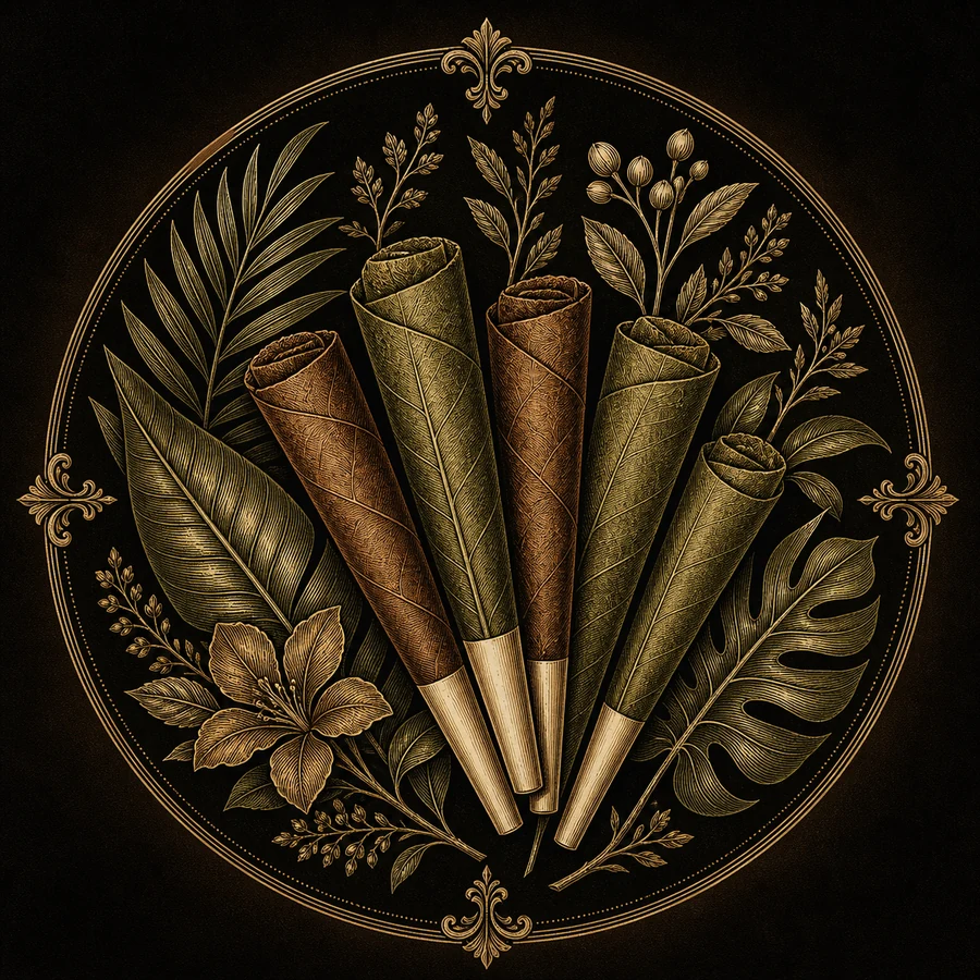 Botanical engraving of natural leaf cones with bamboo tips