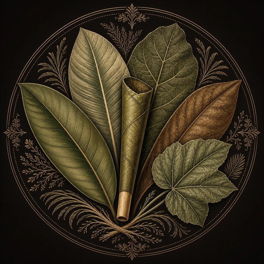 Botanical engraving of distinct tropical leaves and a natural leaf cone